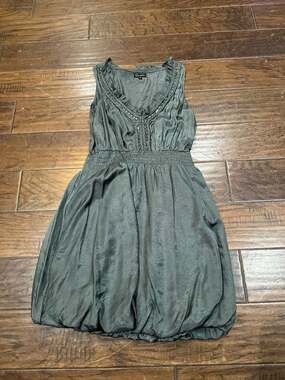 Countess Silk-Like Sage Green Bubble‎ Hem Mini Dress with Beaded Neckline